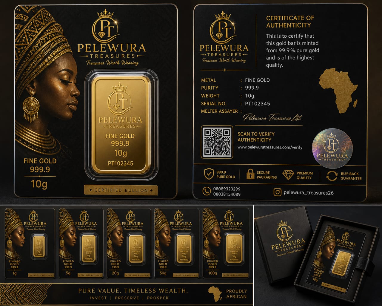 Pelewura Treasures certified 999.9 fine gold bullion bar with certificate of authenticity