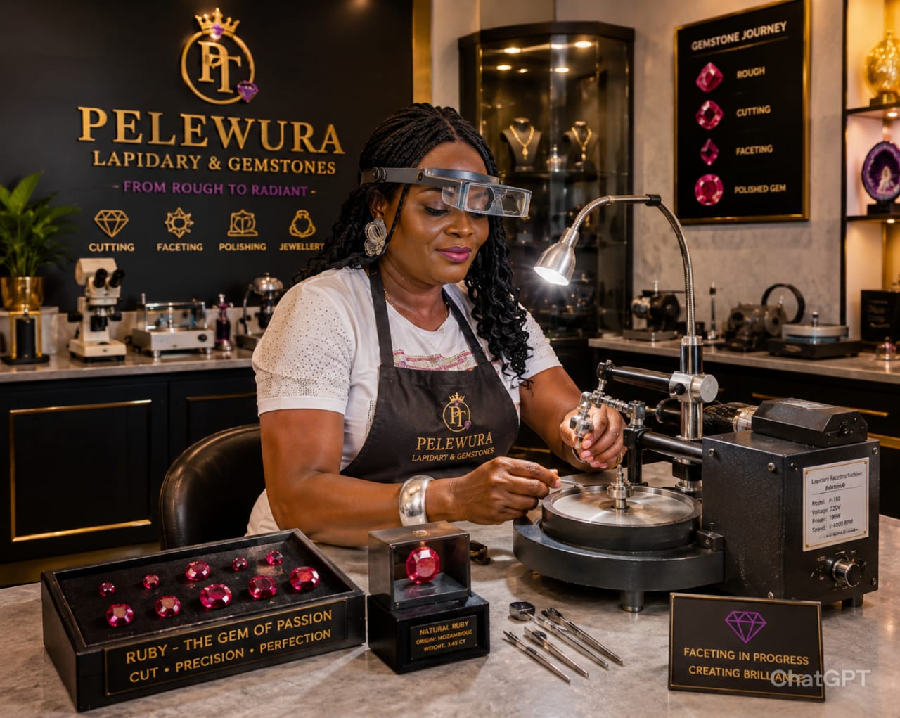 Faceting gemstones at the Pelewura Treasures lapidary